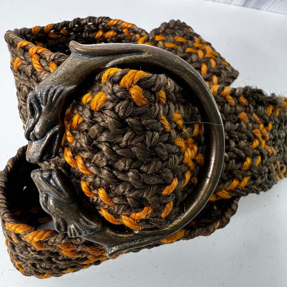 Vintage Wolf Head Buckle Braided Belt RARE  Medium